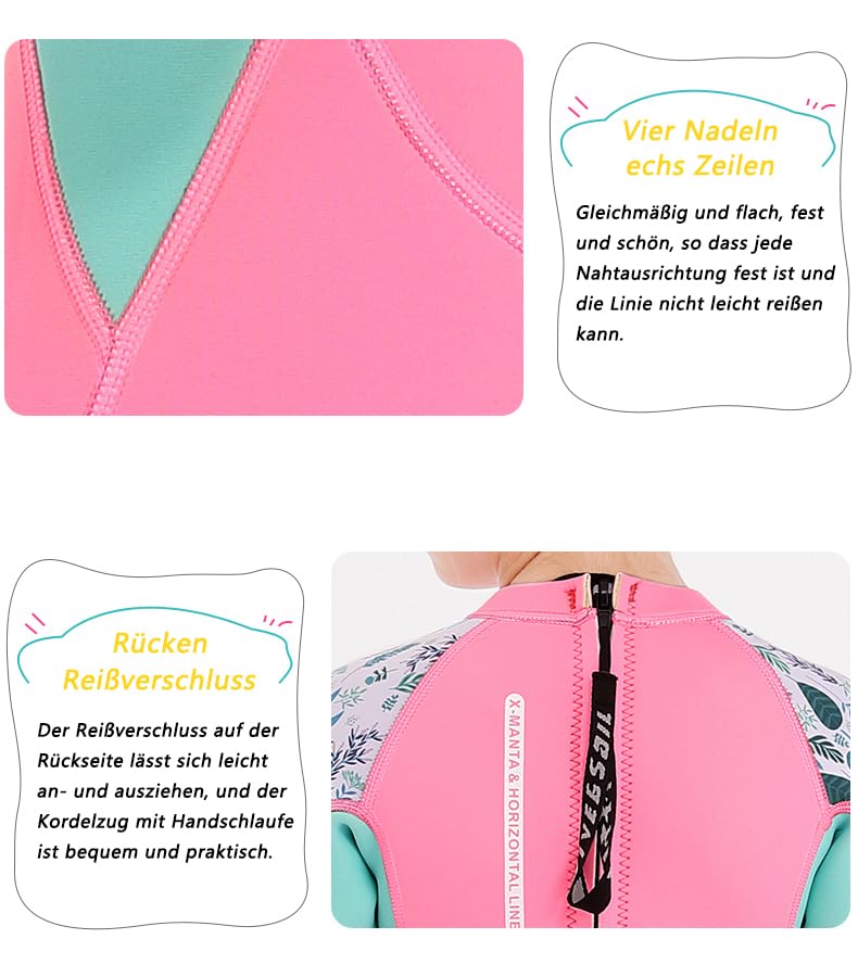 Skyone Wetsuit Kids Shorty Neoprene Thermal Diving Swimsuit 2.5MM for Girls Boys Child Teen Youth Toddler, One Piece Children Rash Guard Swimming Suit UV Protection Sunsuit for Surfing (Girl Pink, XL) - Image 4
